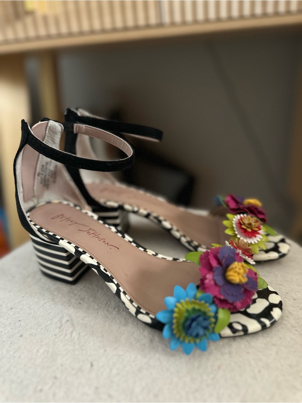 Betsey Johnson Black & White Floral Block Heel Sandals